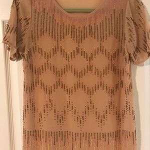 Beaded Short Sleeve Tan Blouse
